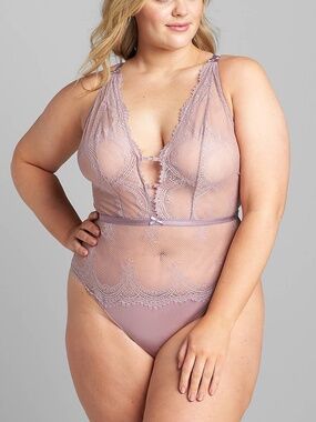 Cacique - Scallop Lace V-Neck Unlined Mauve Purple Thong Bodysuit - 14/16 1X